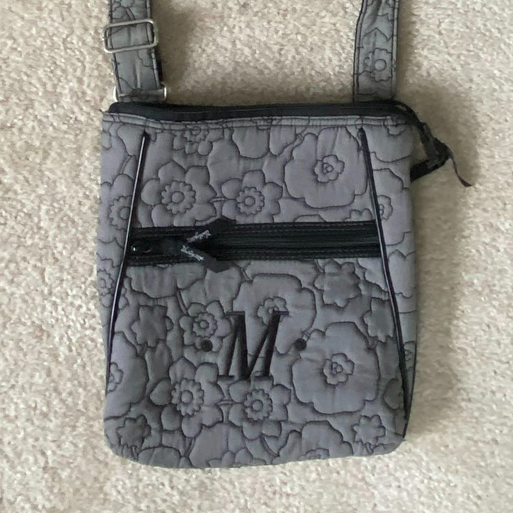 "M" Monogrammed Crossbody Black and Gray Purse